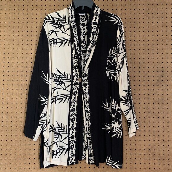 Ulla Popken Cardigan Lightweight Black White Bamboo 16/18 Button Front Flowy - Picture 1 of 5